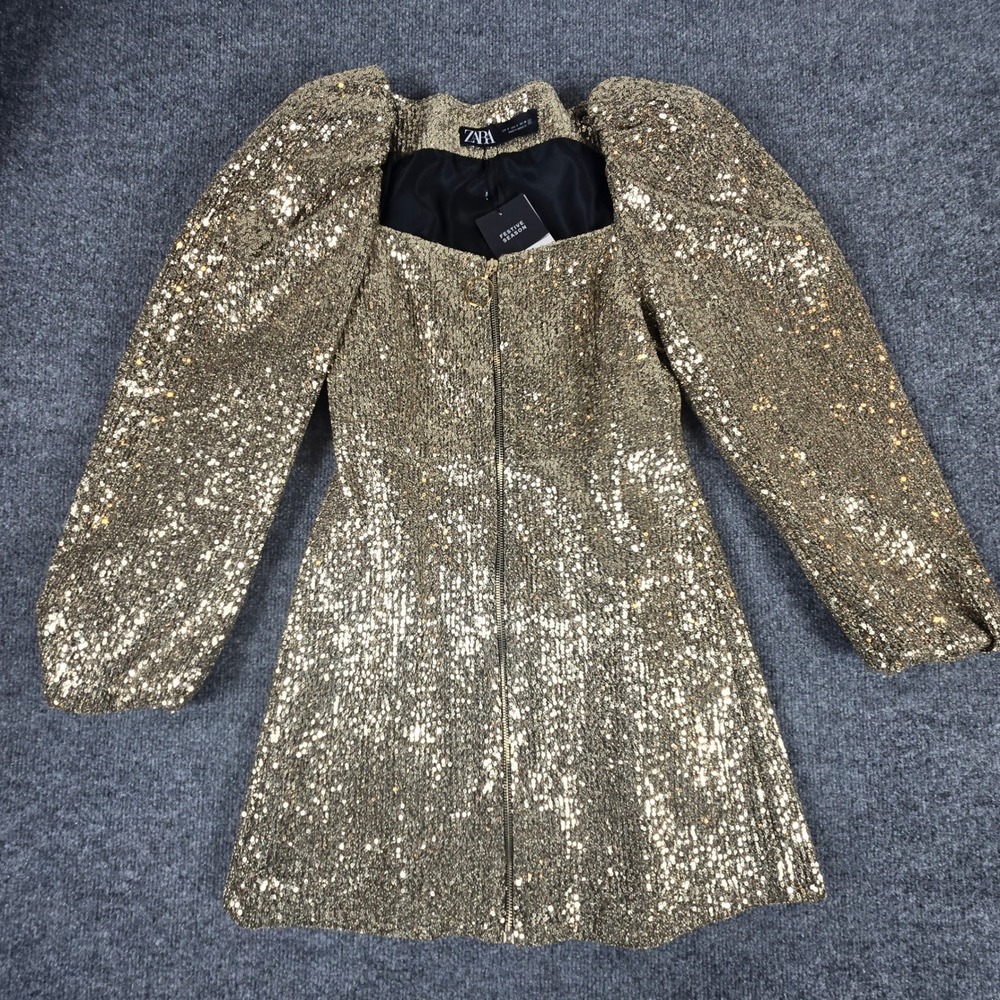 Zara Sequin Mini Dress Women S‎ Gold NWT Festive Puff Sleeve Front Zip (UP)